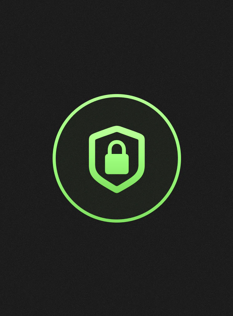 A green shield and padlock inside a circle on a dark background.