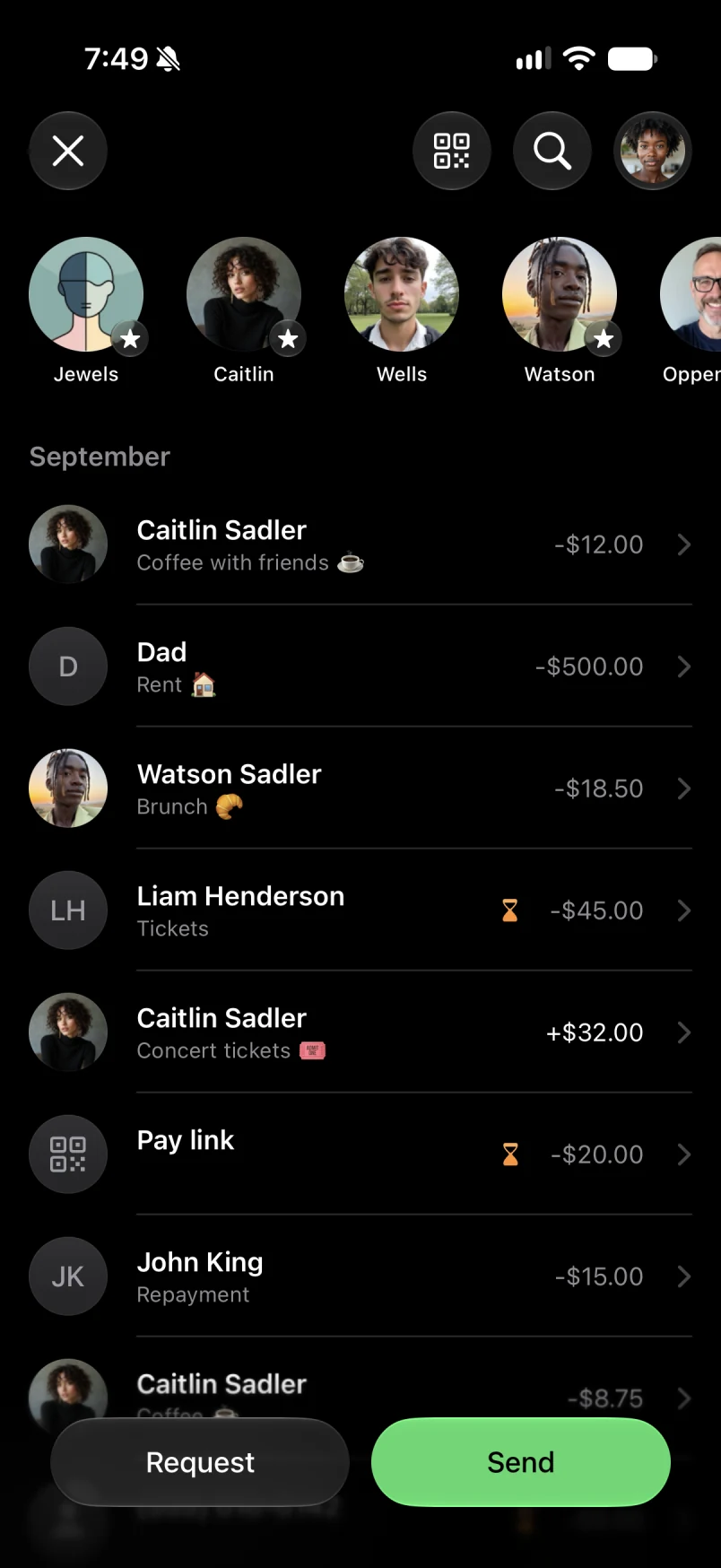Favorite contacts above recent payment activity, with Request and Send buttons.