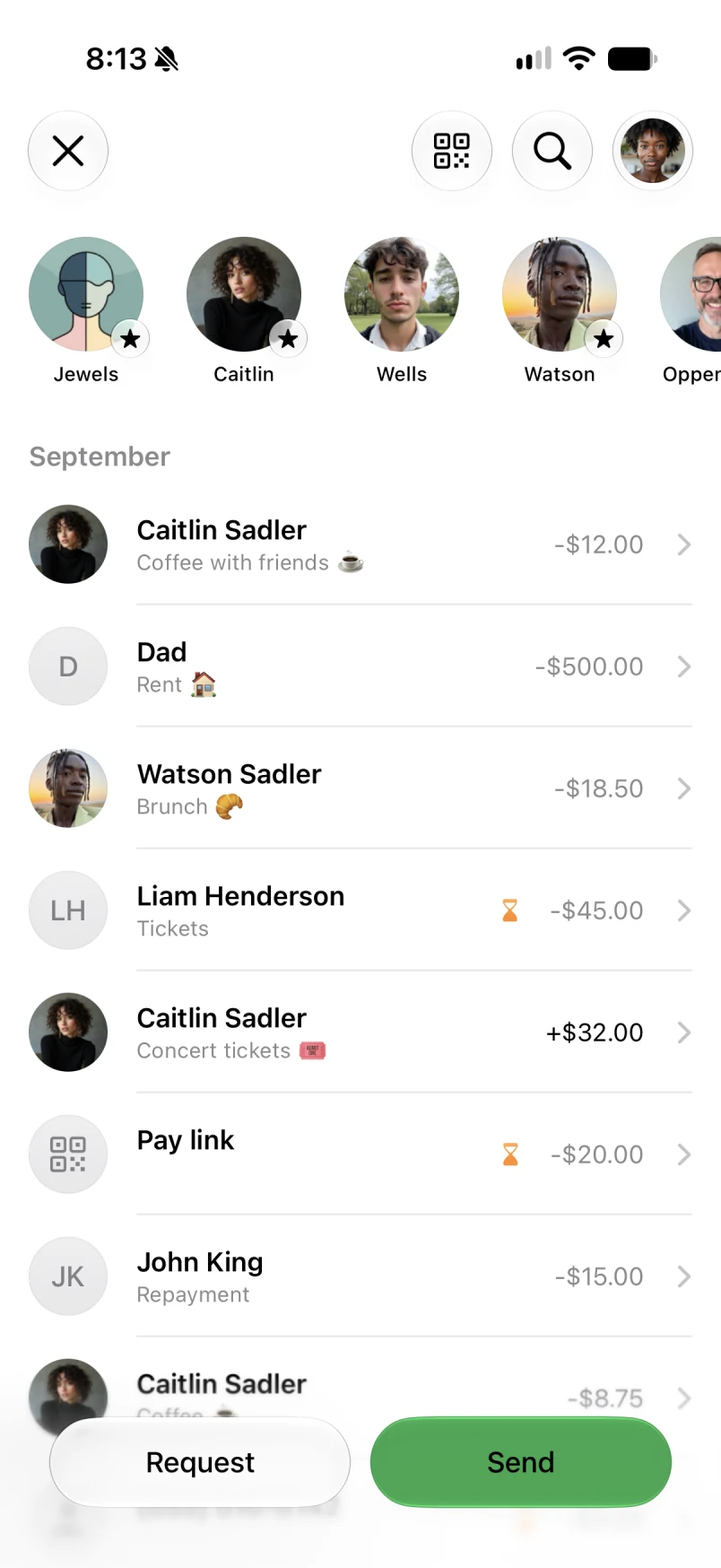 Recent contacts above payment activity, with Request and Send buttons.