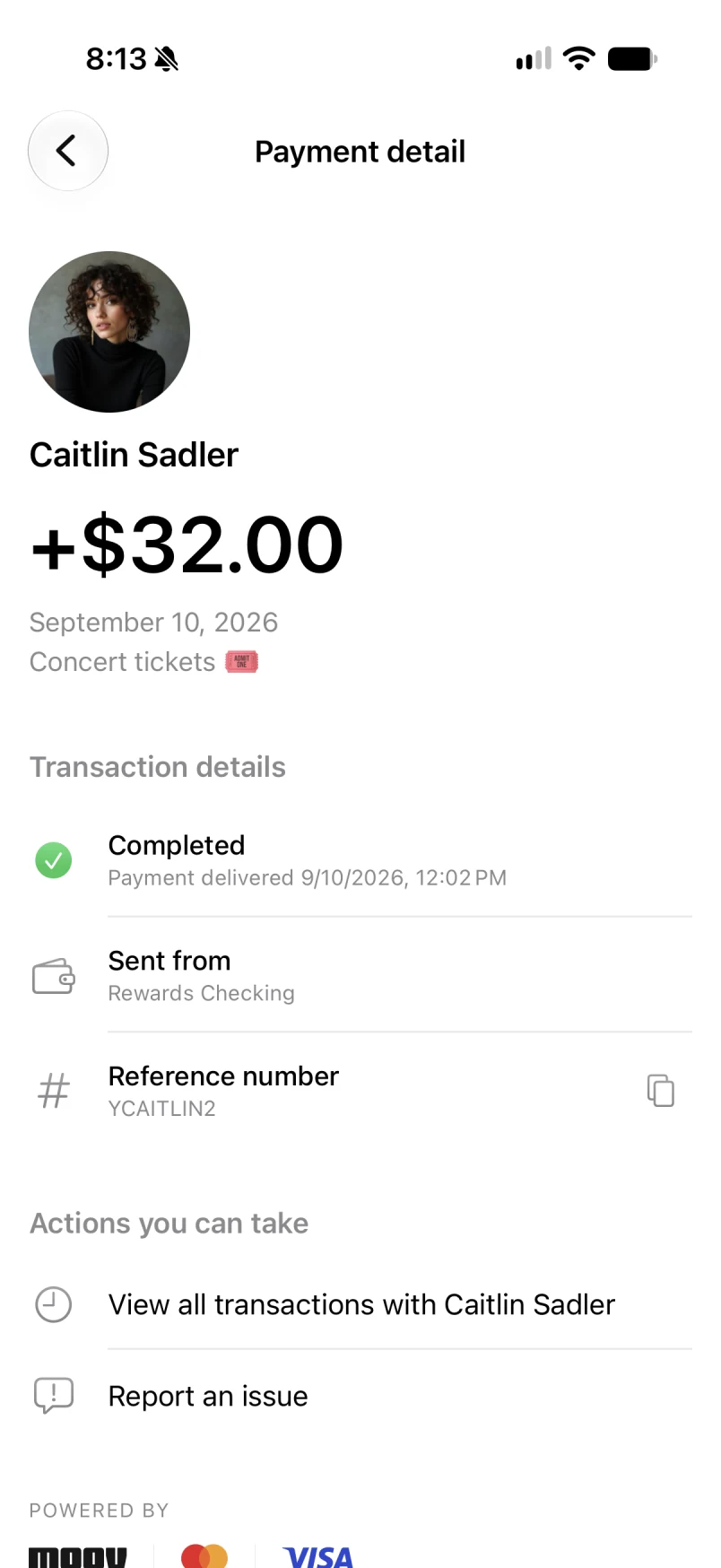 Payment details showing a completed $32 payment from Caitlin Sadler for concert tickets.